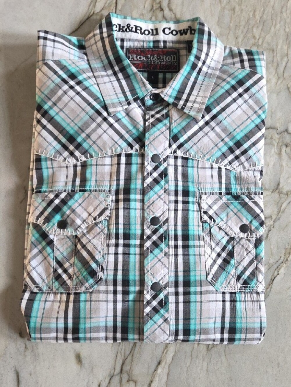 Rock & Roll Cowboy Men's Teal and White Plaid Button-Down Shirt